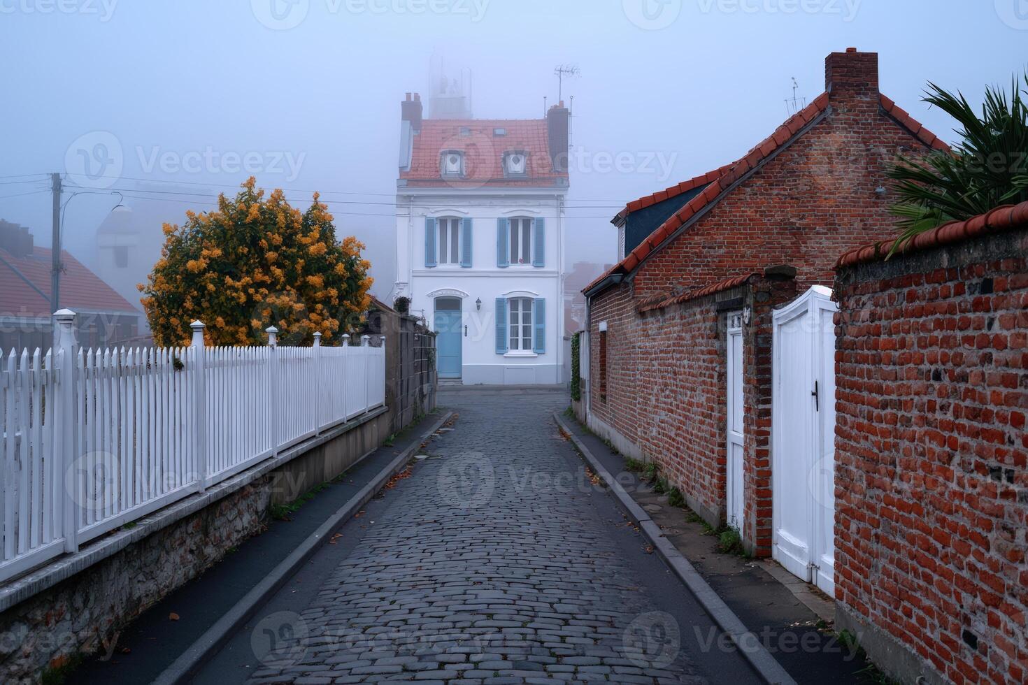 Home emerges from fog in narrow street lined with quaint buildings photo