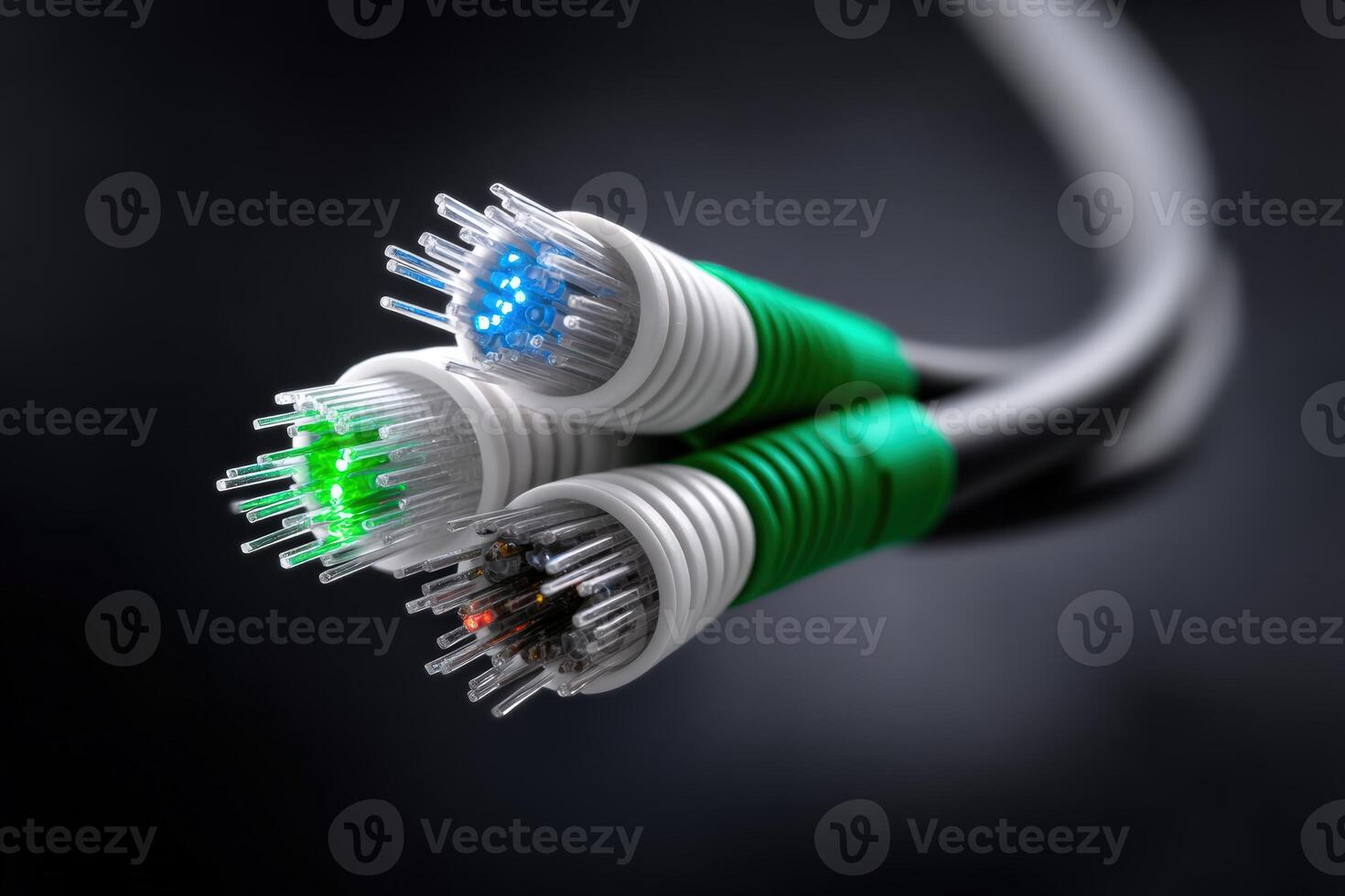 Fiber optic patch cords emit colorful light in a dark environment, showcasing advanced technology photo