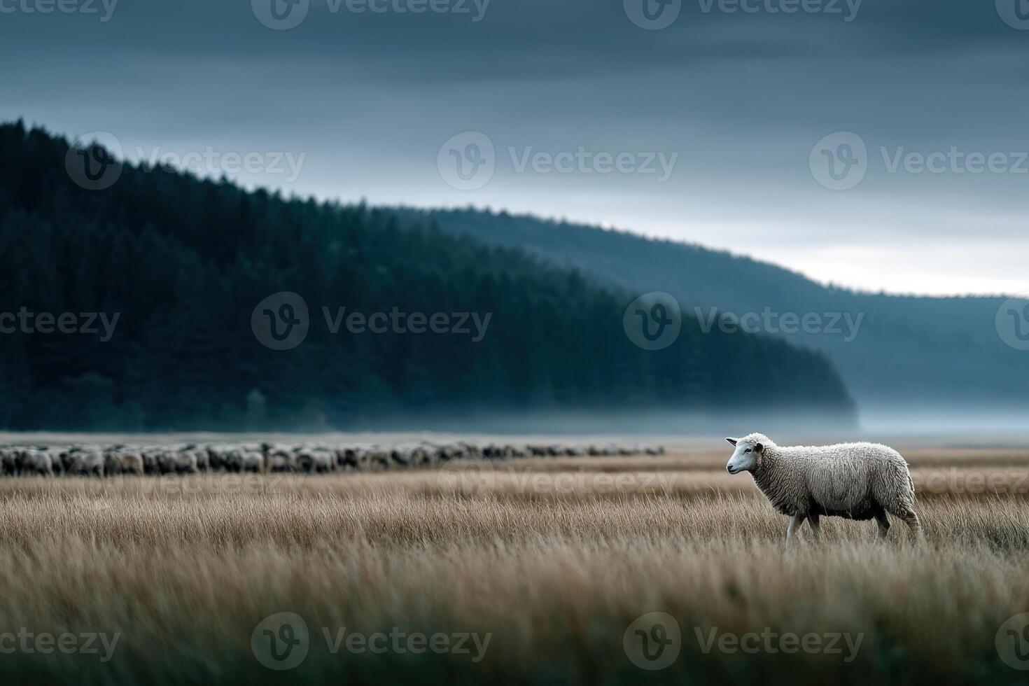 Sheep grazing peacefully on green grass in a tranquil landscape photo