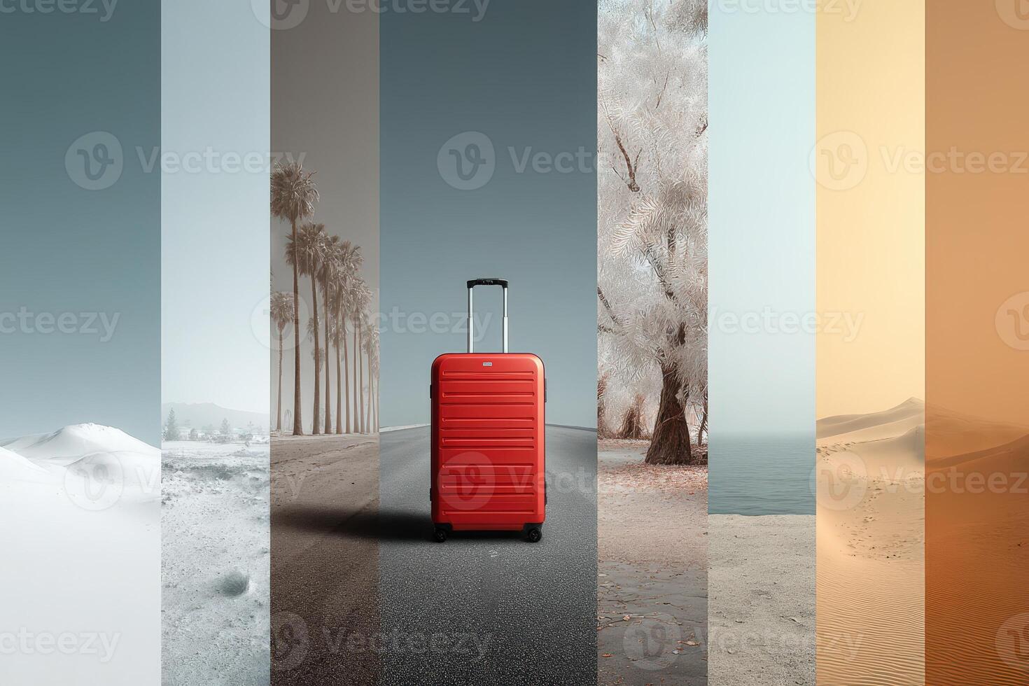 Red suitcase stands out in diverse landscapes captured across various settings photo