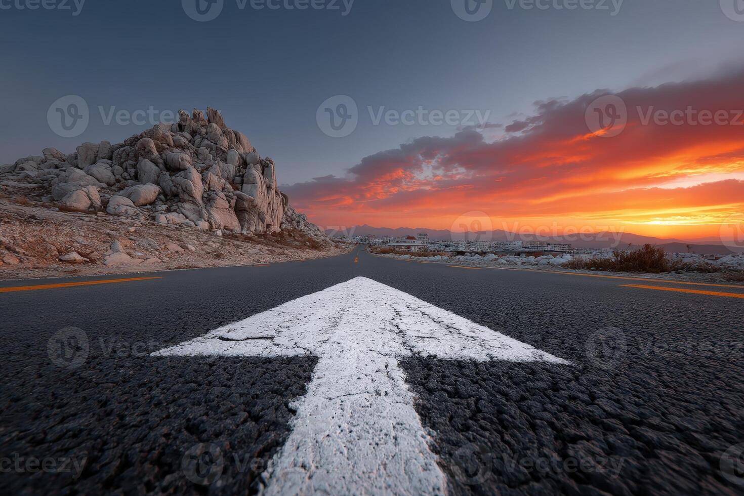 Road curves into a prominent arrow pointing toward a vibrant sunset photo