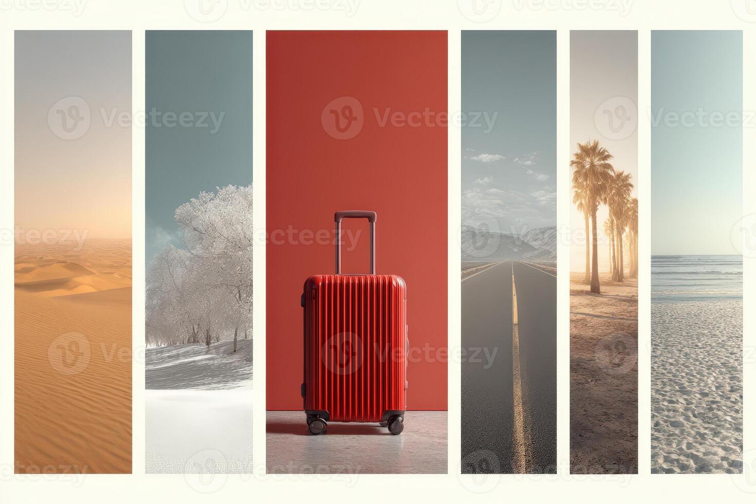 Red suitcase against varied landscapes highlighting travel experiences and destinations photo