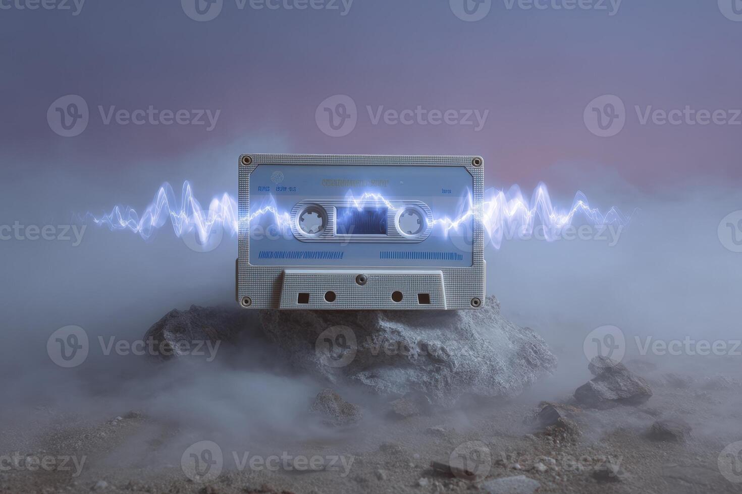 Glowing cassette tape hovers mystically above an ancient rock in a foggy landscape at dusk photo