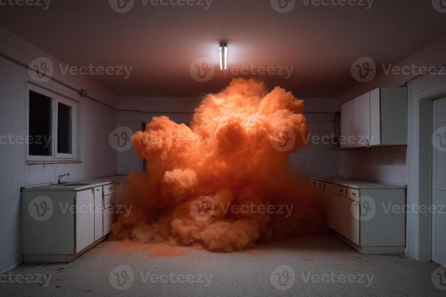 Kitchen filled with anger as objects explode in vibrant orange cloud photo