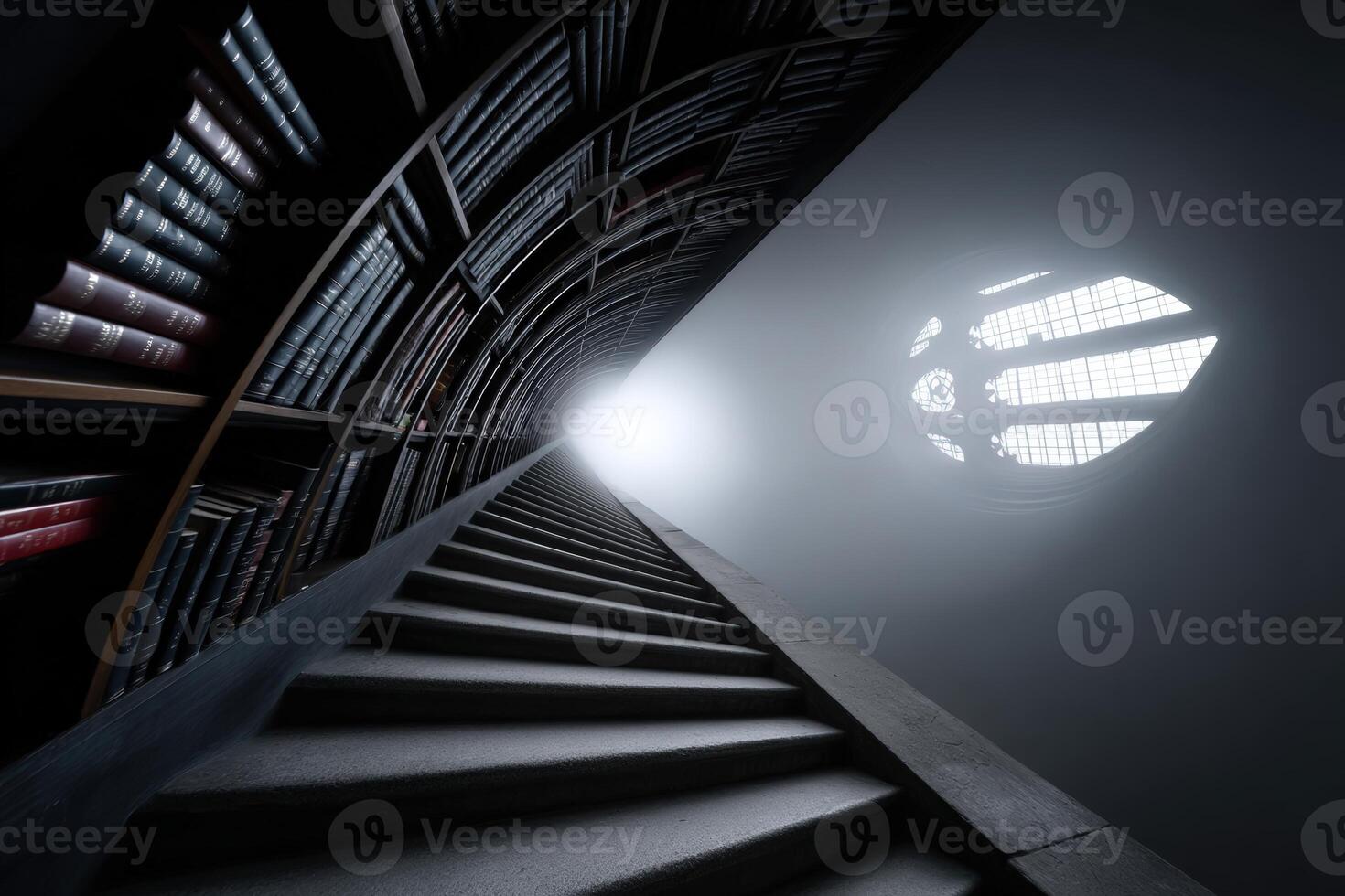 Endless bookshelves spiral upward in a dimly lit, atmospheric library space photo