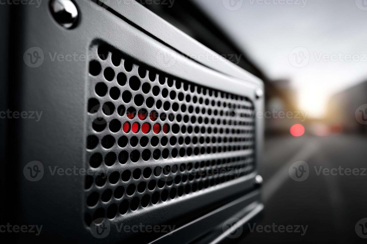 Rack-mounted server with illuminated interface in a data center at sunset photo