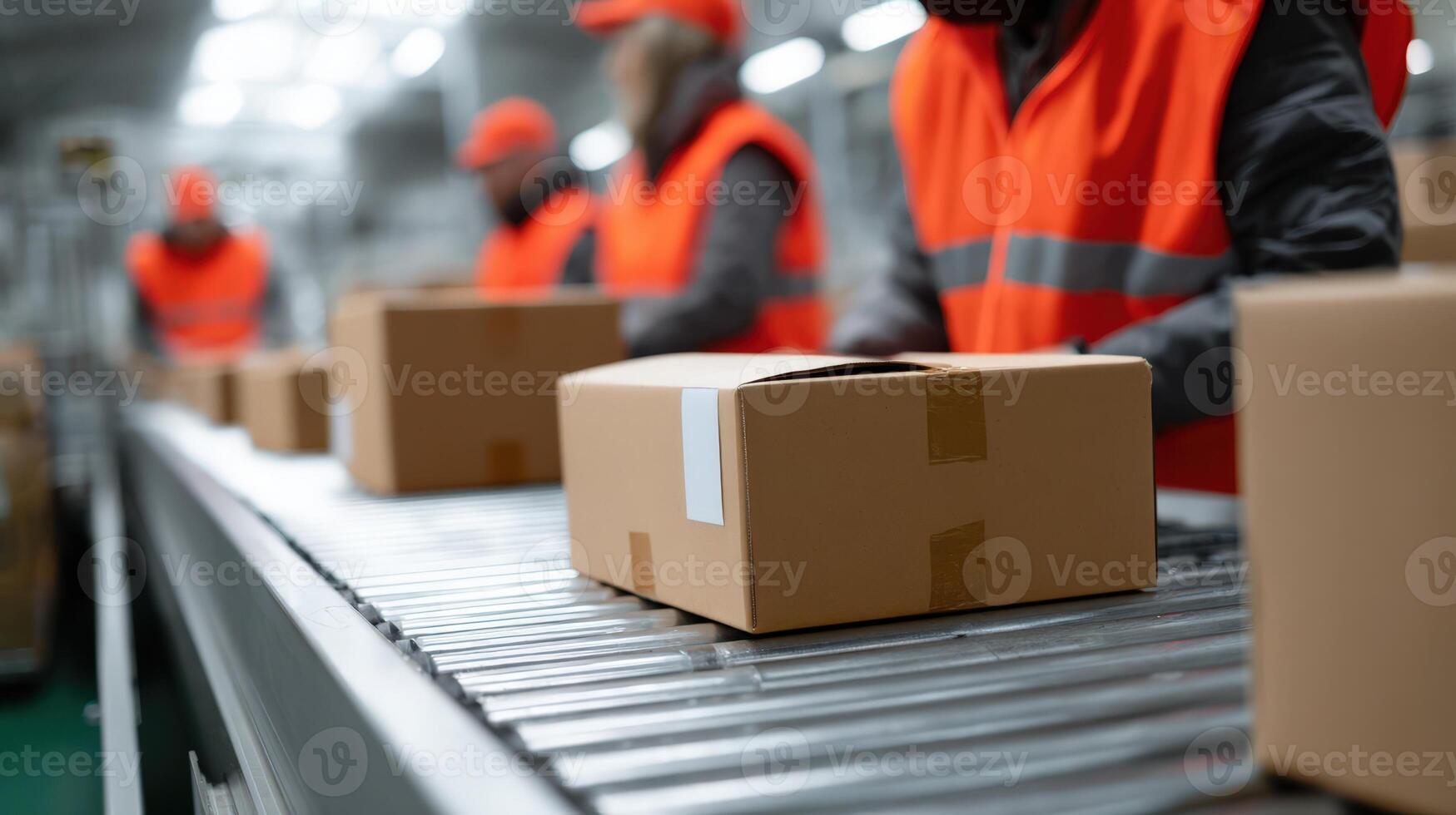 Workers assemble cardboard boxes on a production line in a bustling factory environment photo