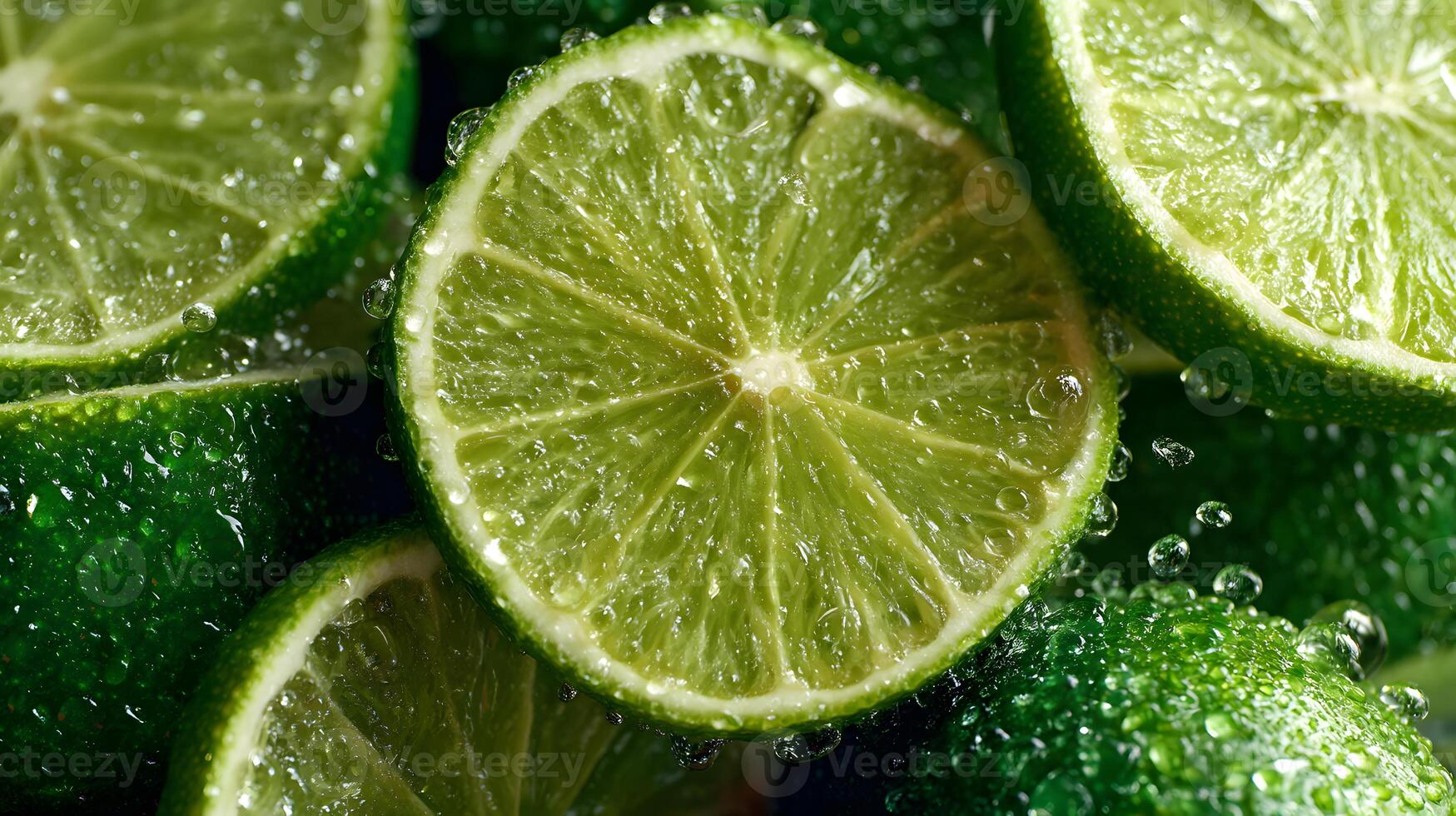 Juicy Limes Fresh Citrus Fruit Slices Close Up Macro Photography Water Droplets Green photo