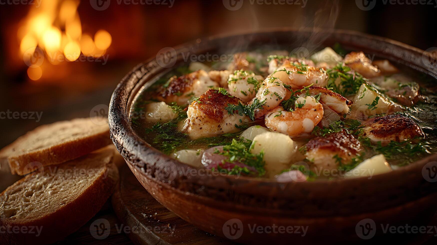 Steaming Seafood Stew in Rustic Clay Pot with Bread Cozy Fireplace Background photo