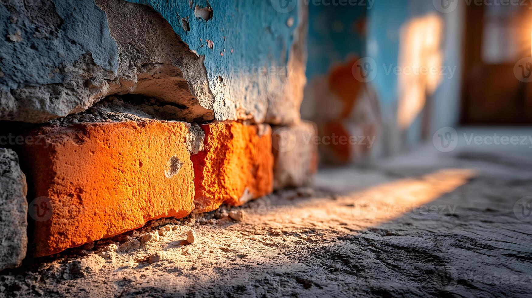 Grungy Brick Wall Texture with Aged Blue Paint and Sunlight photo
