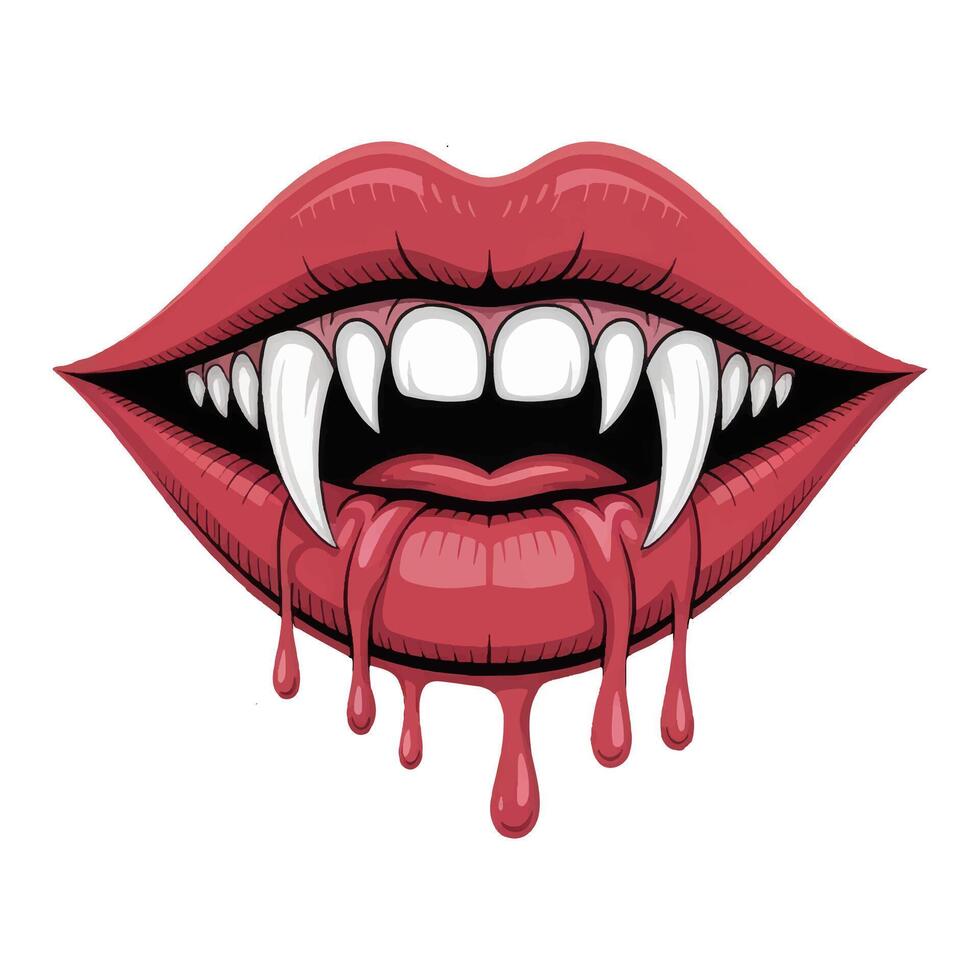 Vampire fangs dripping with blood from a red mouth. vector