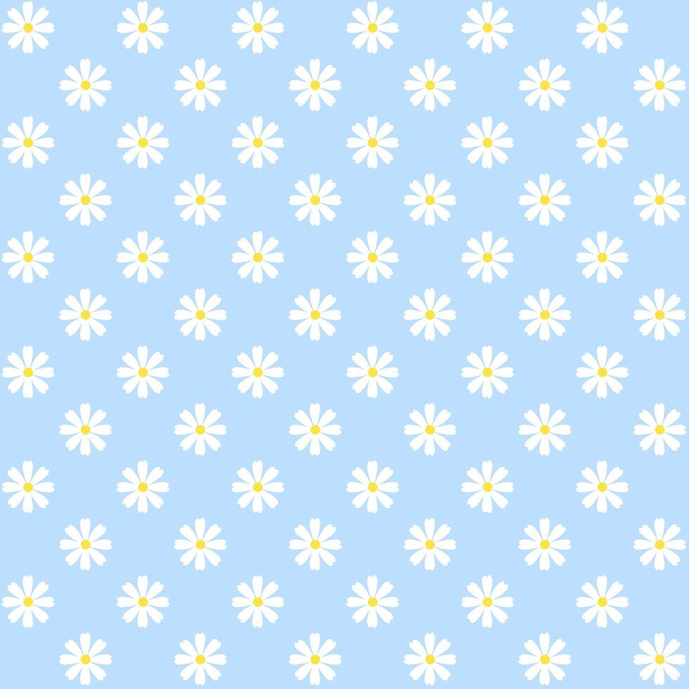 Seamless pattern with cute white daisy flower or camomile on blue background.Floral wallpaper.Surface for textile.Decoration ornament.Repeat tile.Wrapping paper. vector