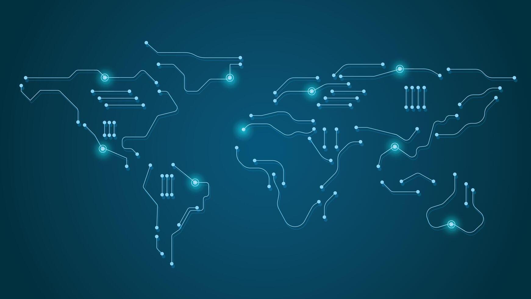 Abstract digital world map made of circuit lines representing global technology and communication networks vector