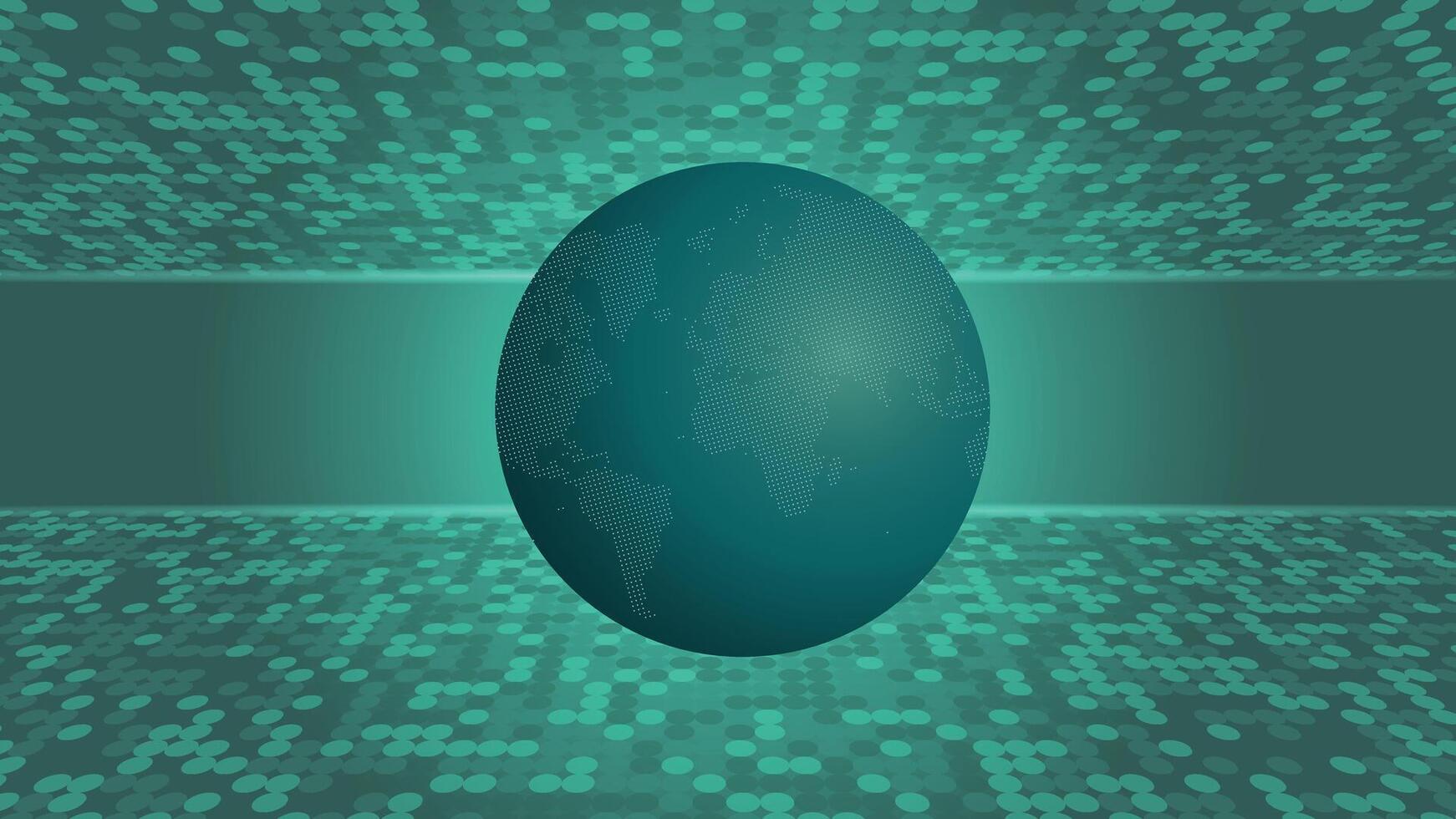Stylized teal green globe with dotted continents in a circular digital environment serves as a tech backdrop ideal for technology, business and creative uses such as presentations. vector