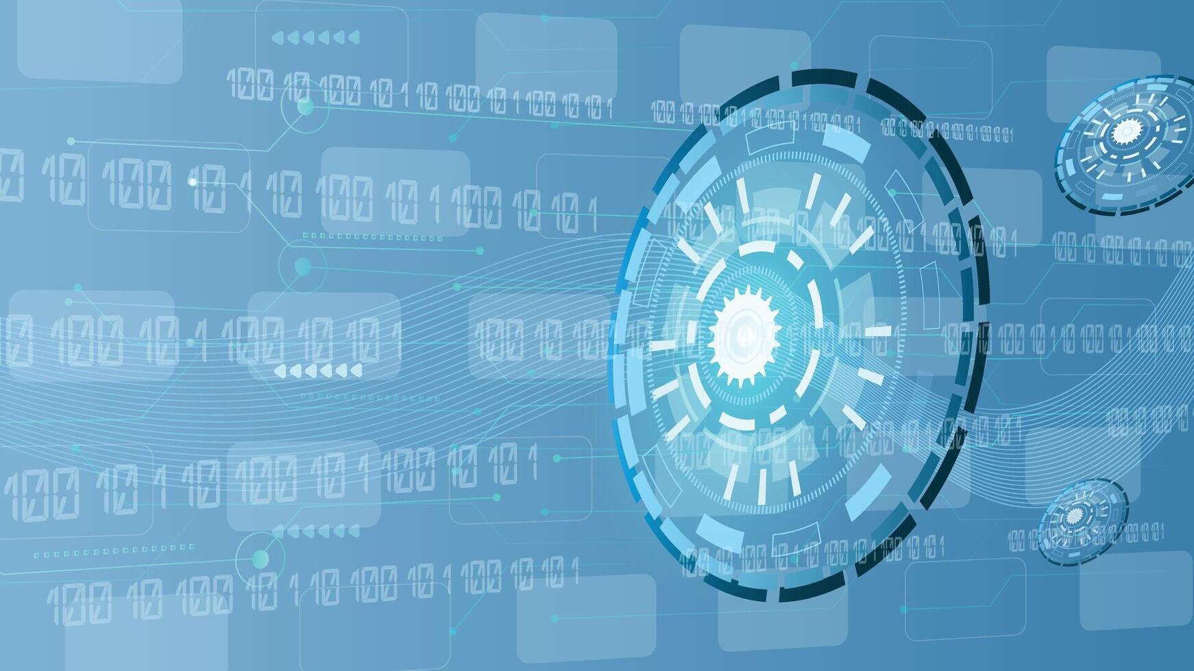 High tech digital interface background featuring binary code gears and circular elements in blue tones vector