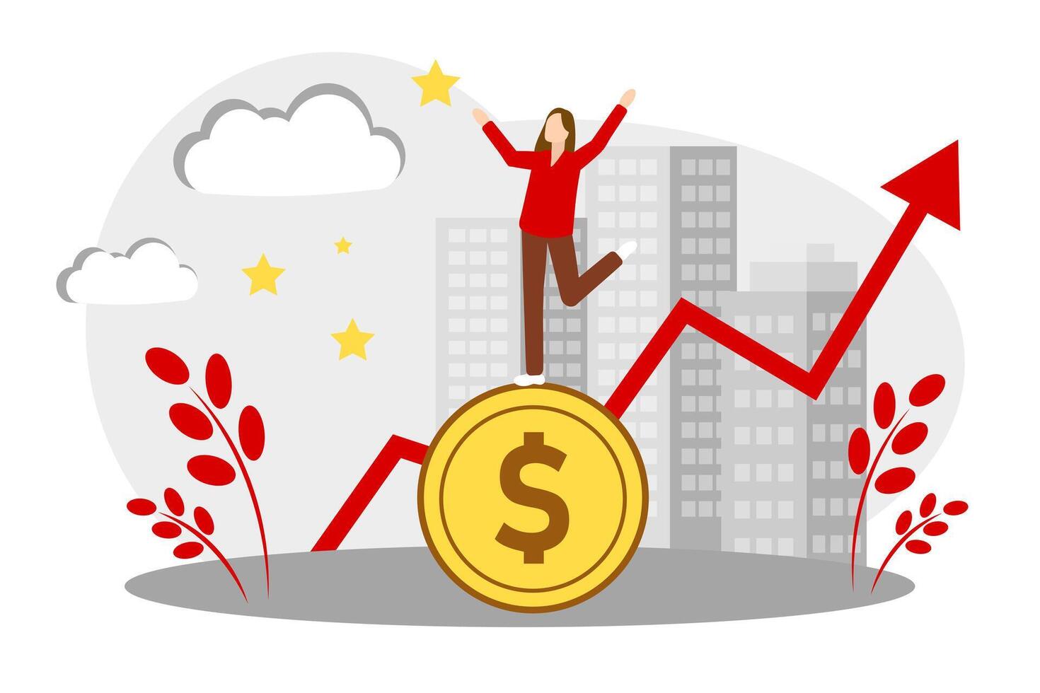 The concept of financial growth, earning money and business. Woman standing on a coin vector