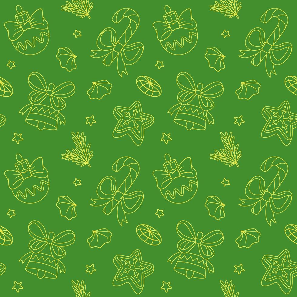 Seamless Christmas Line Art Pattern on Green vector