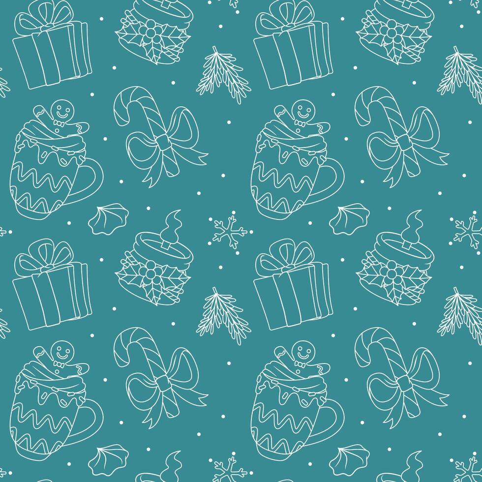 Seamless Christmas Line Art Pattern with Cocoa and Gifts vector
