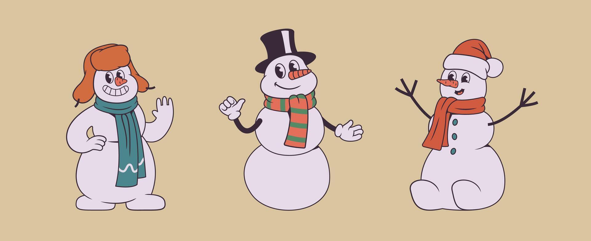 Cute Cartoon Snowmen in Winter Outfits Illustration vector