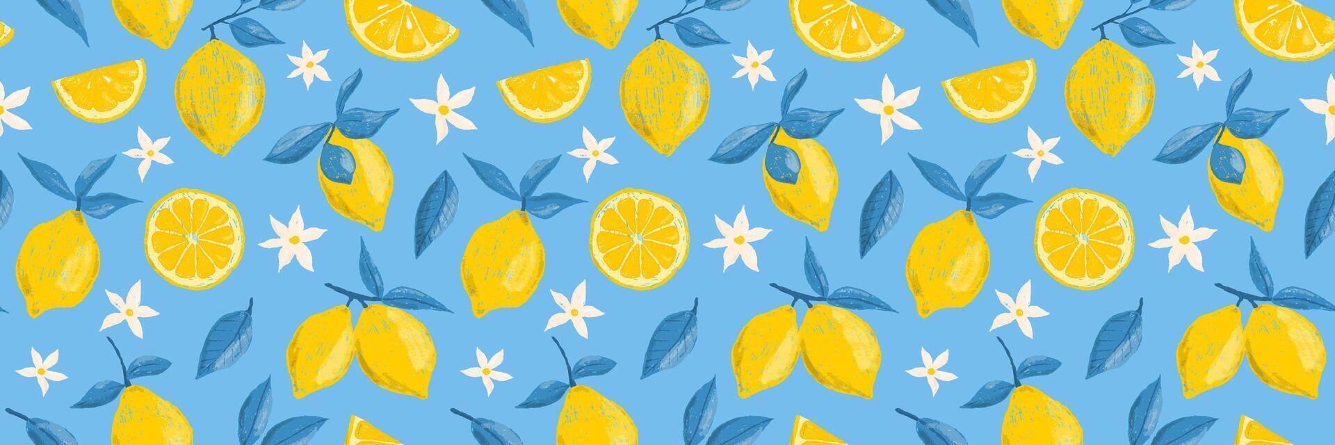 Lemons on branch, hand drawn set of colored crayon. Leaves and flowers of citrus fruits. Italian summer seamless pattern in Mediterranean vintage style vector