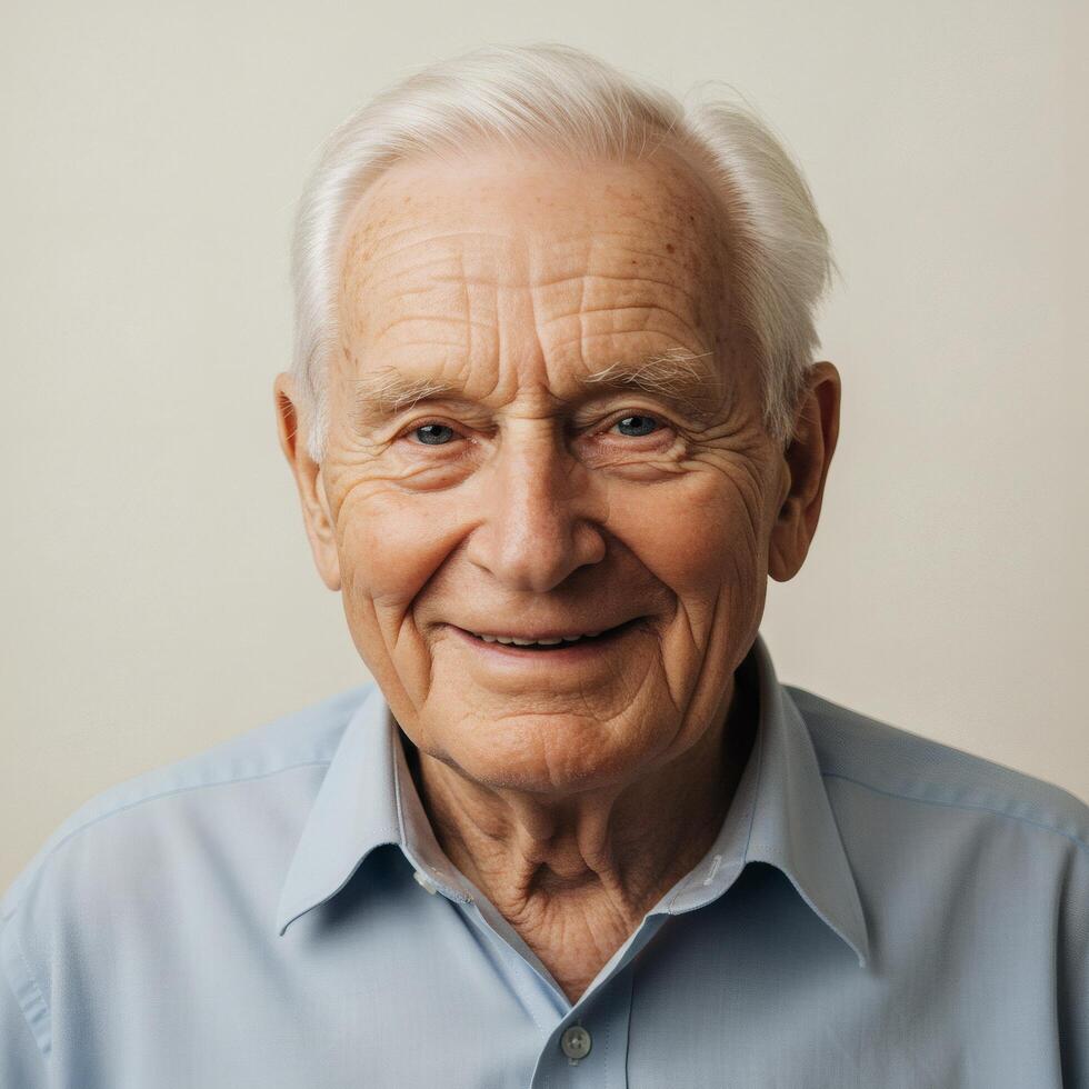 An older man in a blue shirt smiling photo