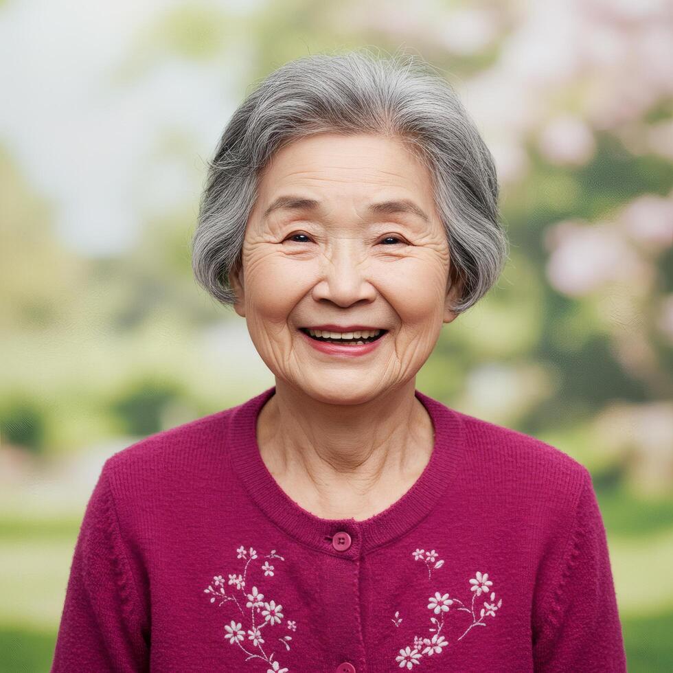 An older woman smiling in a park photo