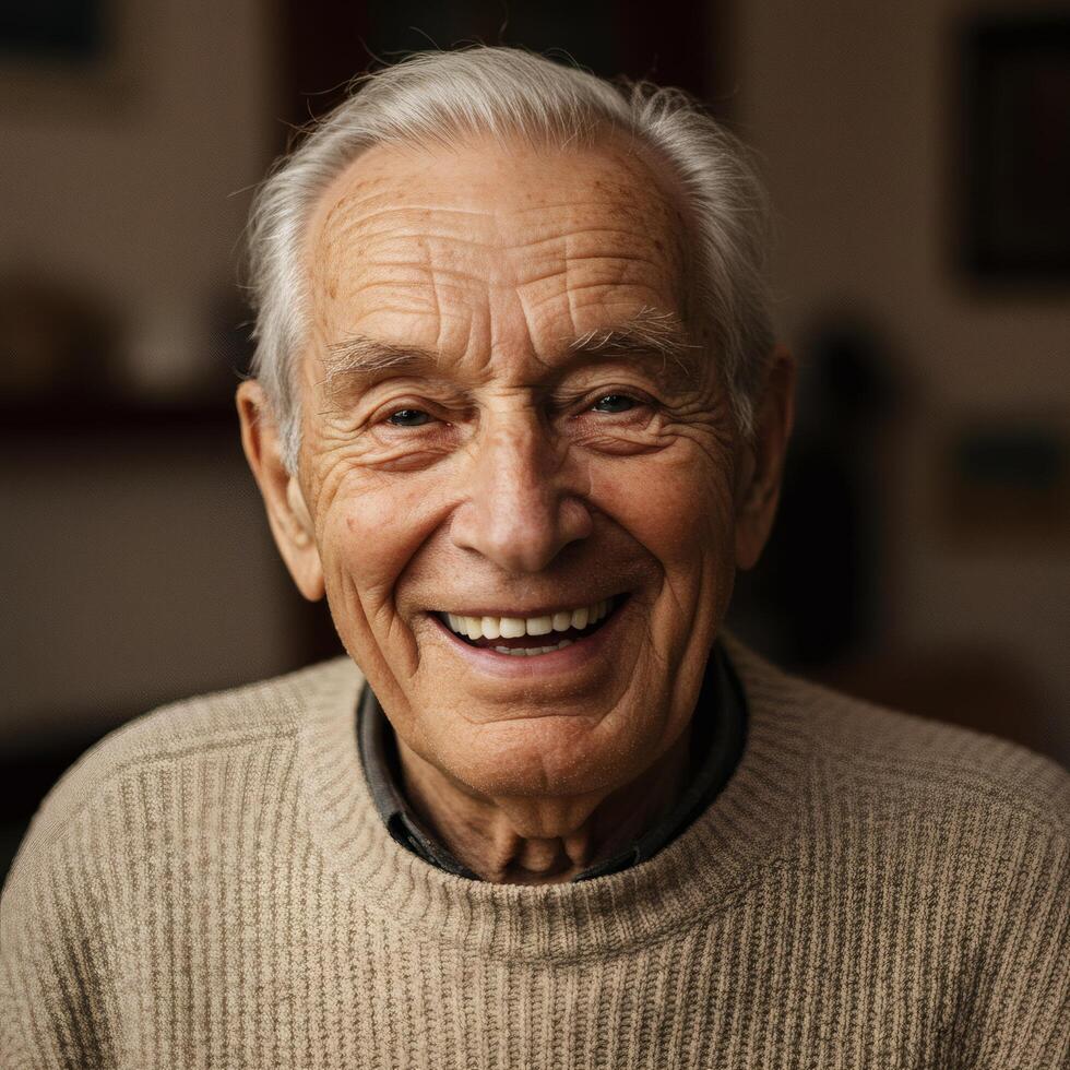An older man is smiling in a sweater photo
