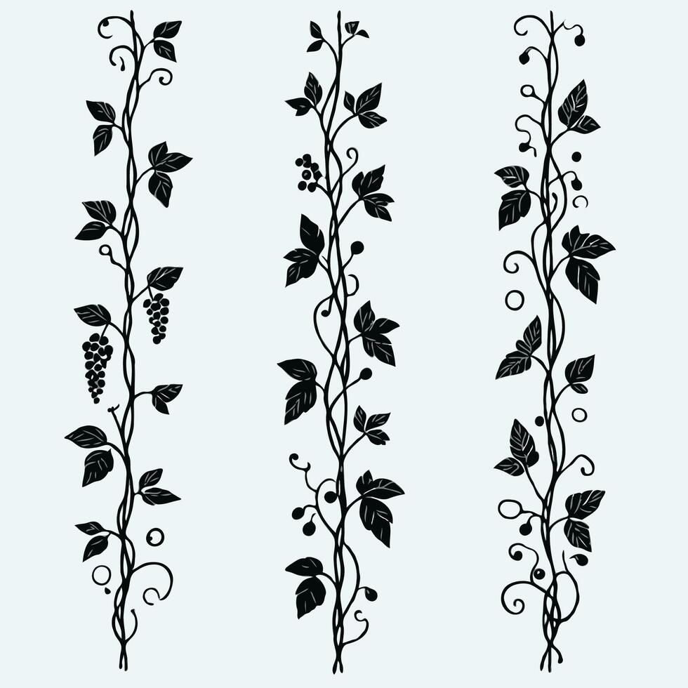 Black silhouettes of grapes and leaves.Set of vineyard design elements. Black and white illustration. Artistic grapevines, perfect for packaging, labels, book illustrations, and decorative projects. vector