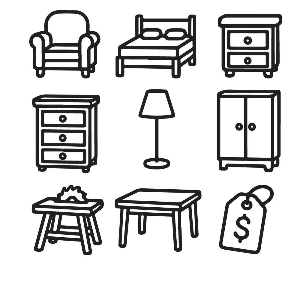Modern Furniture Icons Set in Outline Style Design vector