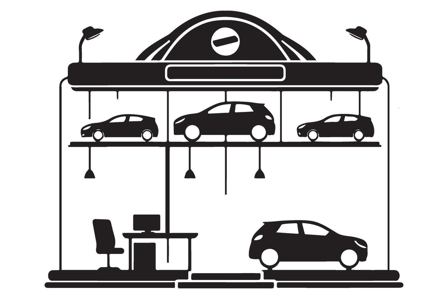Modern Car Dealership Silhouette with Cars on Display vector