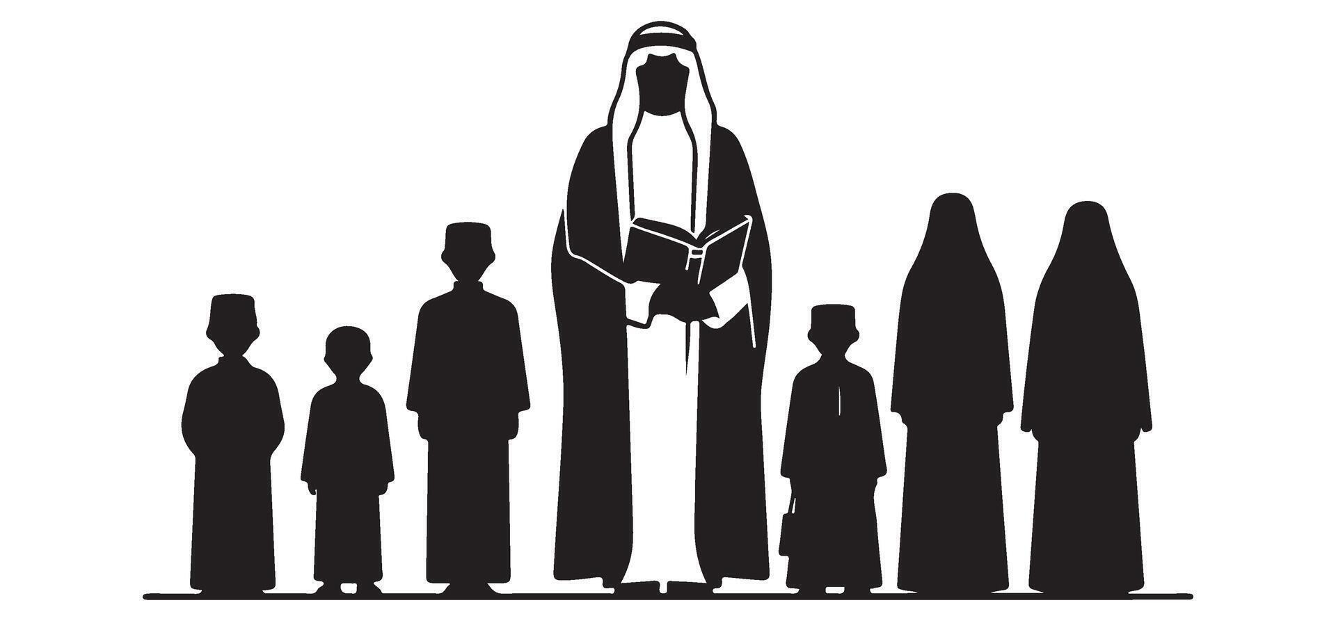 Large Silhouette Muslim Family Reading Book Islamic Education Illustration vector