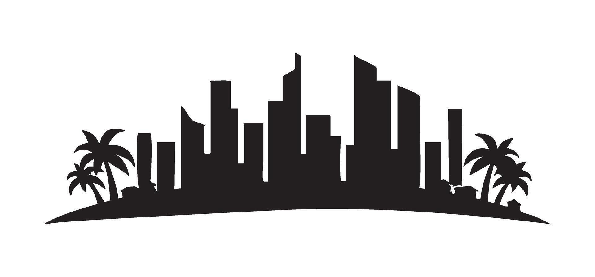 Coastal Cityscape Silhouette Art with Palm Trees vector