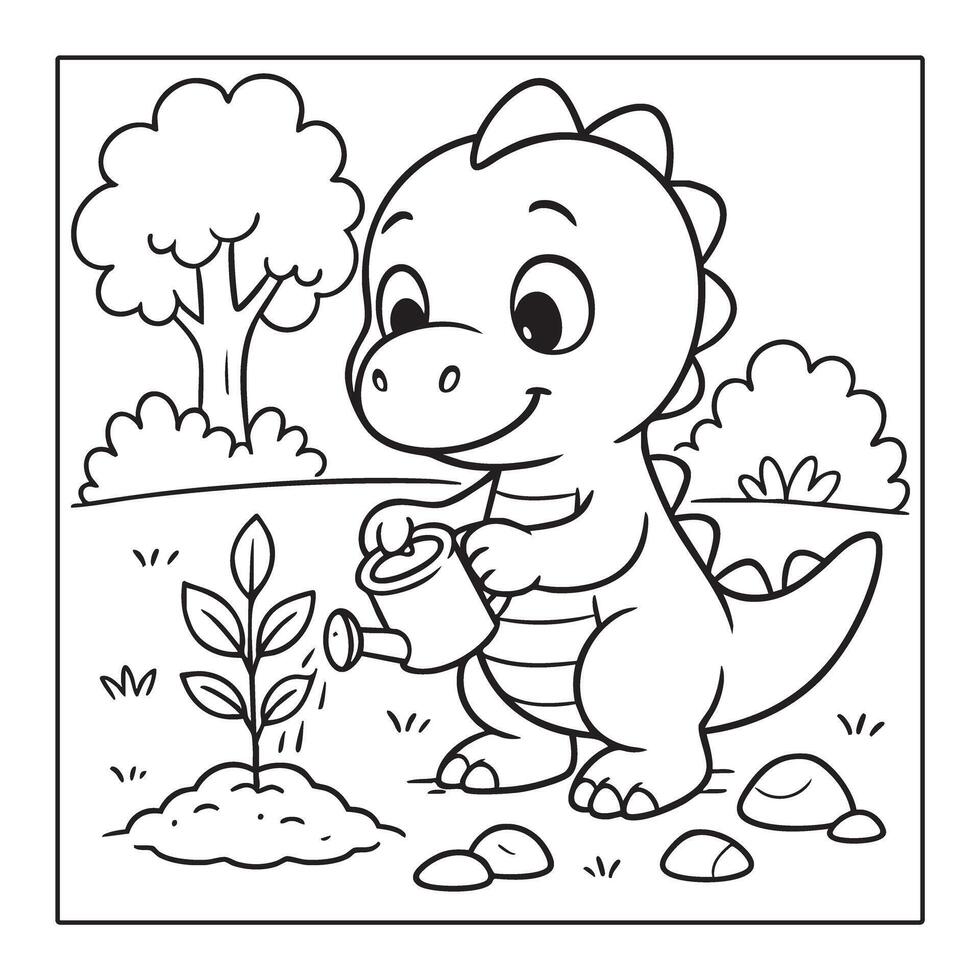 Adorable Dinosaur Gardener Coloring Page Cute Cartoon Dinosaur Planting a Seed Black and White Line Art for Kids vector