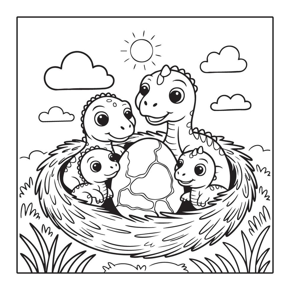 Adorable Dinosaur Family Coloring Page Cute Cartoon Dinosaurs with Eggs Black and White Line Art for Kids vector