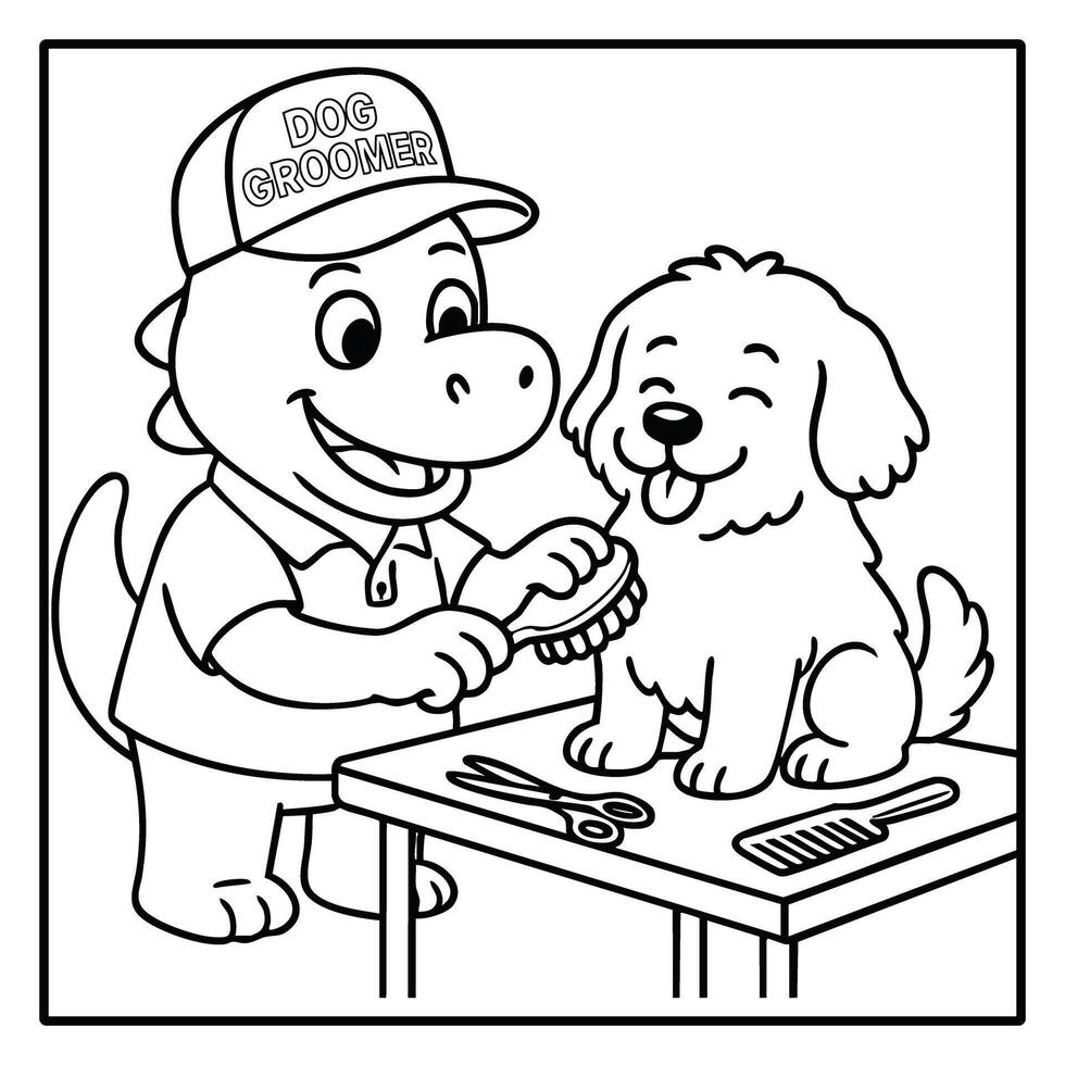 Cute Dinosaur Dog Groomer Coloring Page Dino Professions Kids Art vector