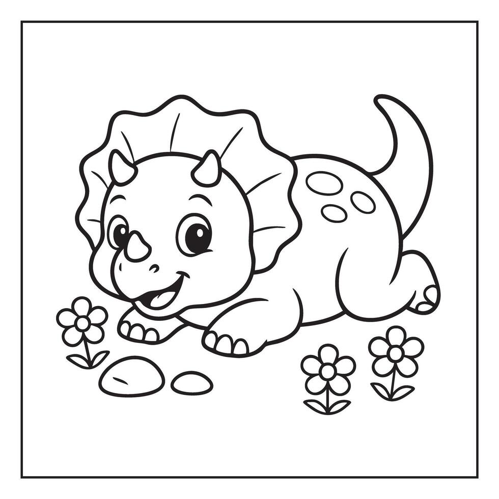 Adorable Triceratops Coloring Page Cute Cartoon Dinosaur with Flowers Black and White Line Art for Kids vector
