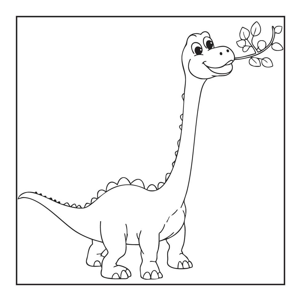 Cute Long-Neck Dinosaur Coloring Page Brachiosaurus Eating Leaves Black and White Line Art for Kids vector
