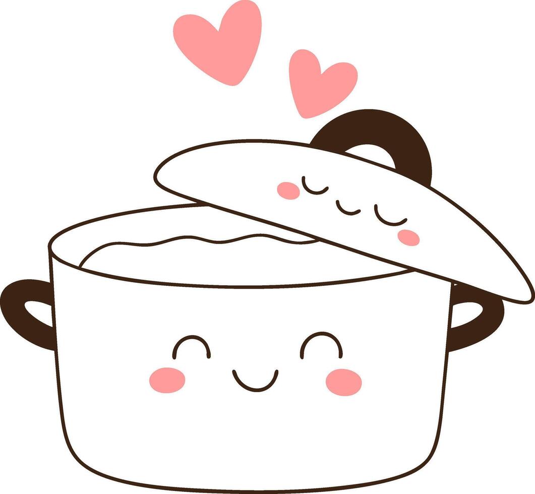 Cute cooking pot with smiling face and hearts above it, expressing joy in kitchen vector