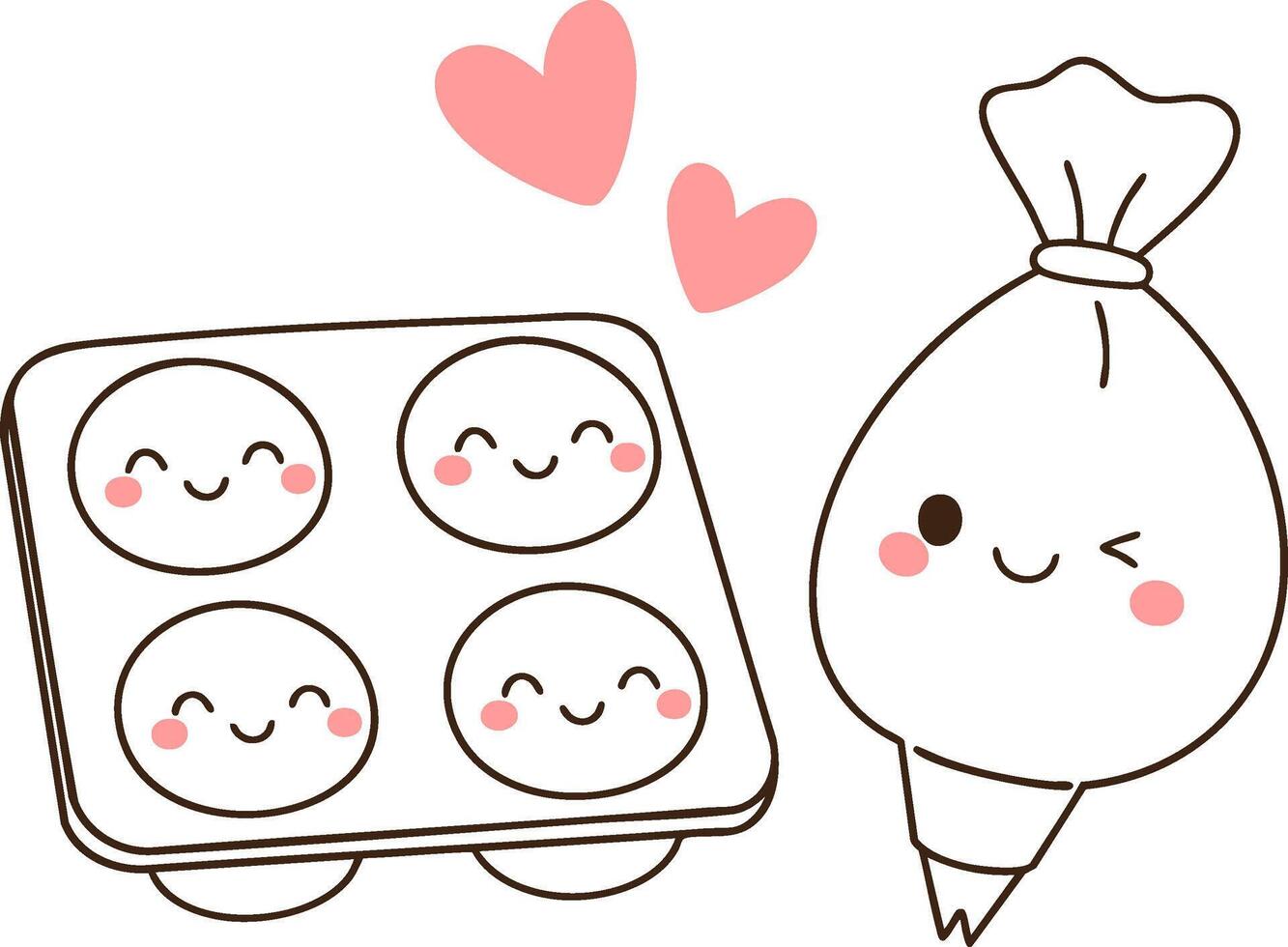 Cute baking tools with smiling faces and hearts express joy in kitchen vector
