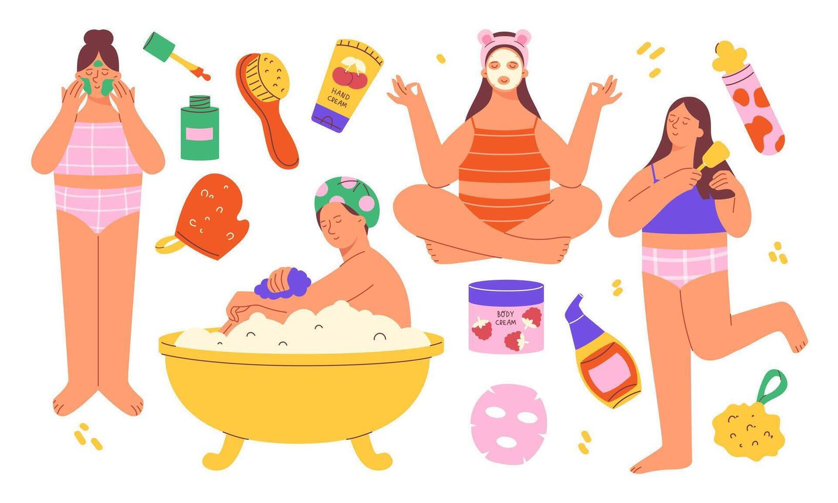 Self-care concept, home cosmetic procedures. Girls take care of themselves at home vector