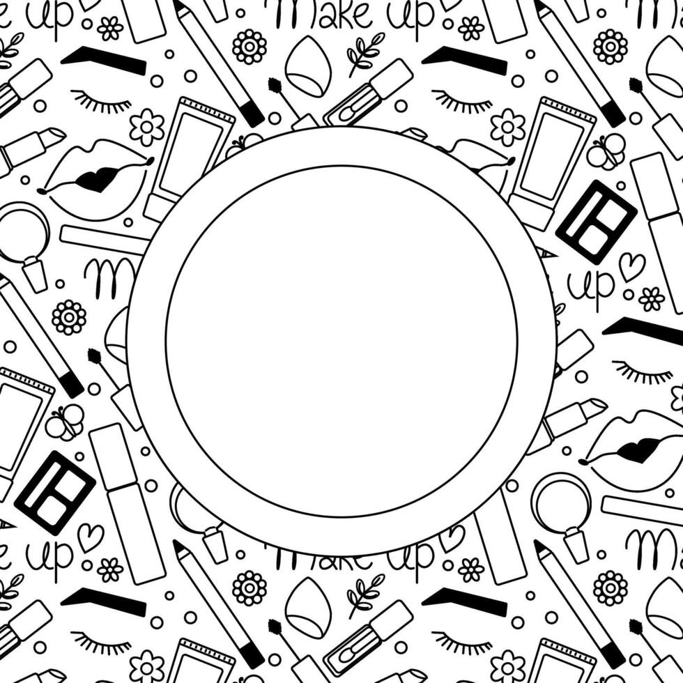 Makeup elements closeup Circle round frame template. graphic line illustration. Black and white cosmetic makeup art. Cartoon background, texture for bedsheets, pajamas, wrapping papers. vector