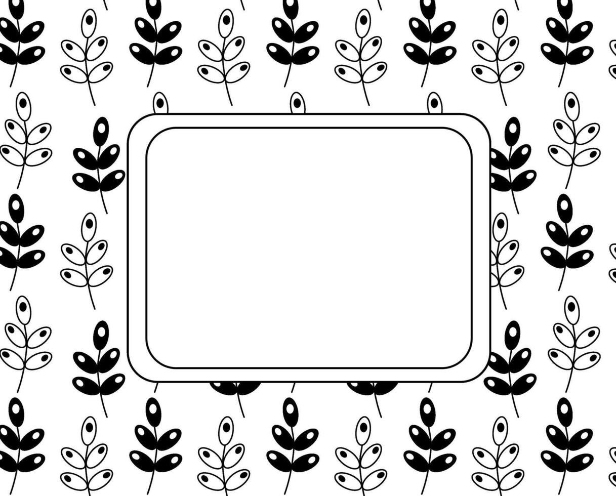 Ornament leafy branches rectangle frame template. graphic line illustration. Black and white Trendy print on fabric. Fresh plant sprouting stems background template. Forest ornament. vector