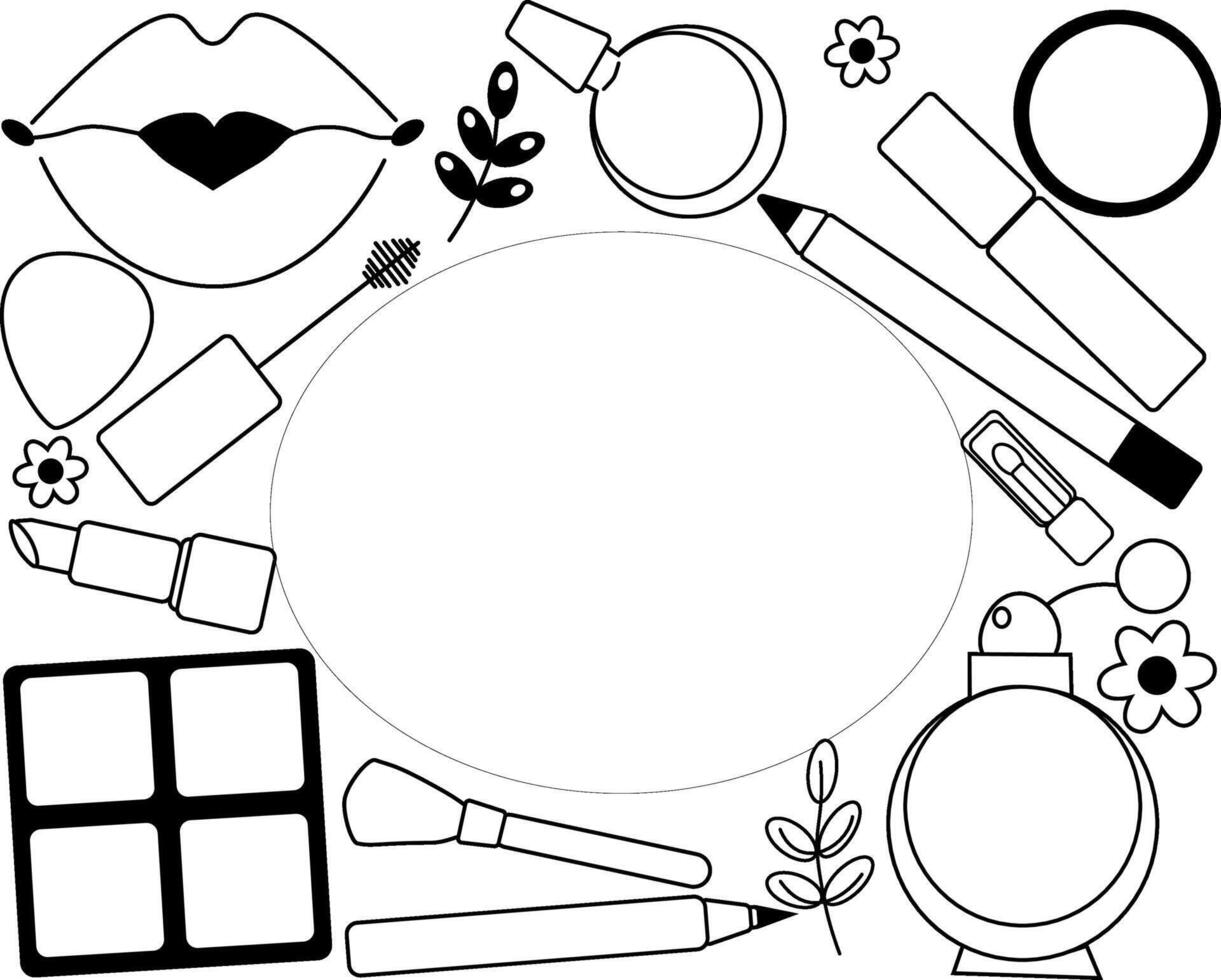 Makeup tools oval frame in rectangle template. graphic line illustration. Black and white cosmetic makeup art. business card, certificate or gift voucher, flyer. vector