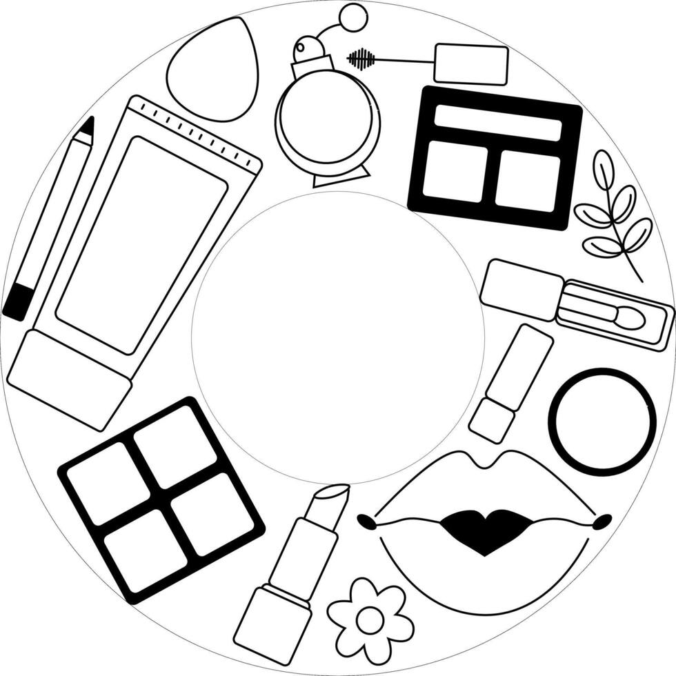 Decorative and skin care cosmetics. Makeup tools circle round frame template. graphic line illustration. Black and white cosmetic makeup art. Layout with makeup, visage accessories. vector