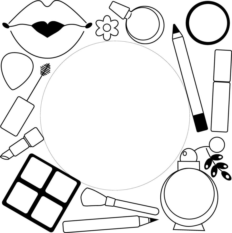 Makeup tools circle round frame in square template. graphic line illustration. Black and white cosmetic makeup art. business card, certificate or gift voucher, flyer. vector