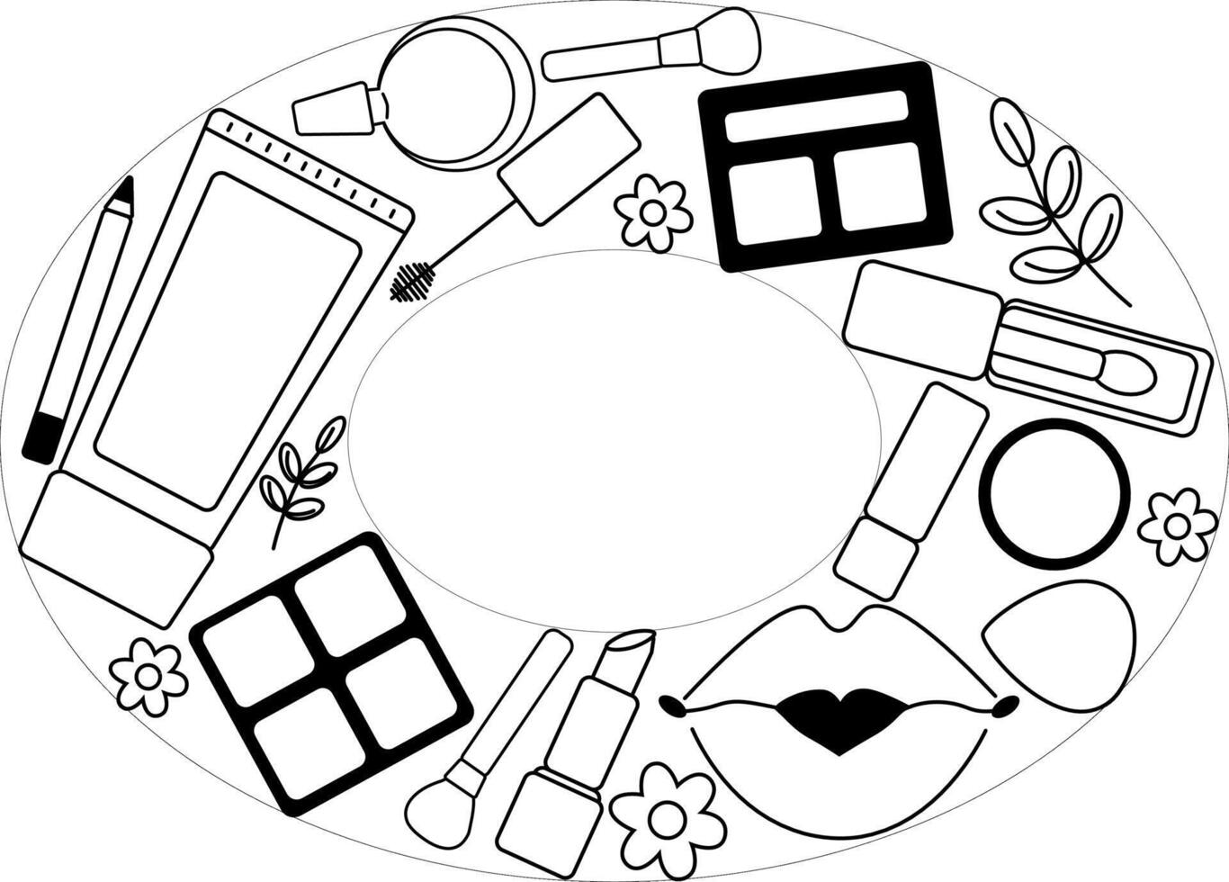 Decorative and skin care cosmetics. Makeup tools oval frame template. graphic line illustration. Black and white cosmetic makeup art. Layout with makeup, visage accessories. vector