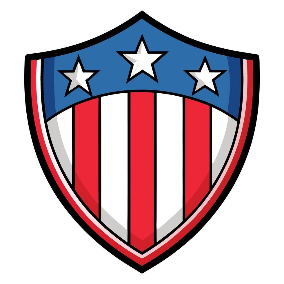 American Patriotic Shield Emblem with Stars and Stripes Symbol of National Pride and Heritage Isolated Illustration for Graphic Design and Creative Projects Cartoon Style vector