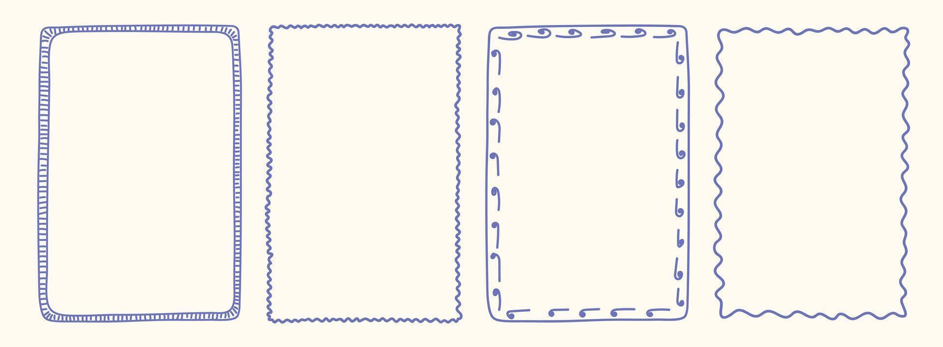 Hand drawn vintage Italian postcard stamp set. Italy summer doodle border set. Whimsical minimal blue frames, mediterranean elements for menu, prints, wedding, invitation. Coastal Isolated illu vector