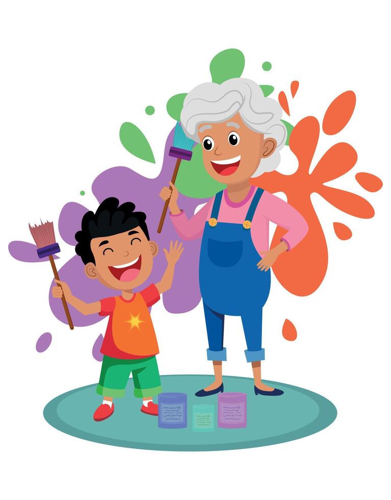Happy grandma and boy painting together vector