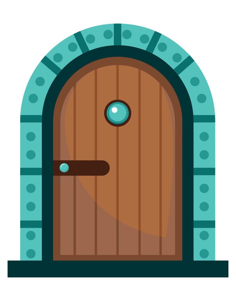 Cartoon medieval wooden door with turquoise stone frame vector